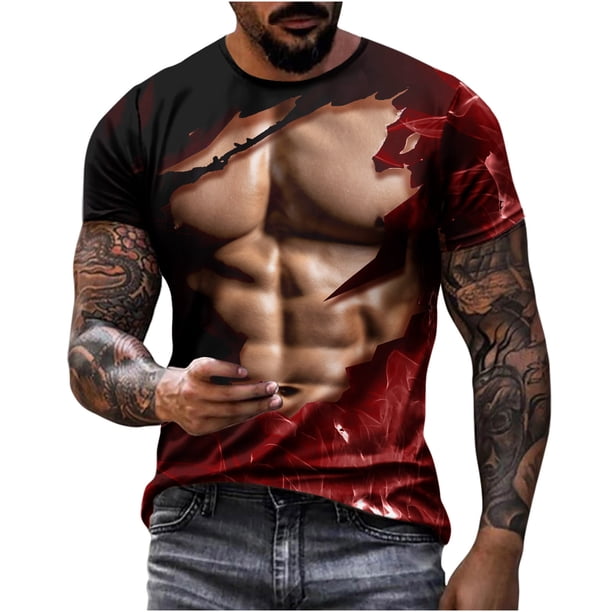 Camisetas de Manga Larga de los Hombres Casual Muscle Print Graphic Tee, Camiseta de Cuello de Tripulación de Manga Corta para las Vacaciones Diarias
