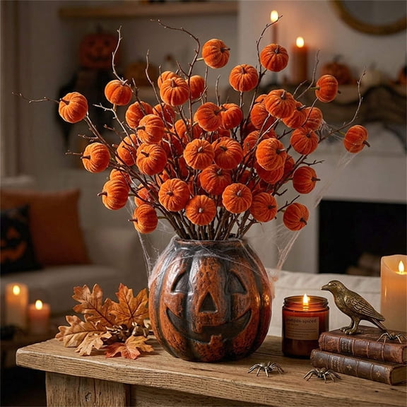 Velvet Pumpkin Chenille Sticks, Orange Artificial Pumpkin Branches, Fake Berry Picks for Fall Festival, Thanksgiving, Halloween, Border, Table & Vase Arrangement (24.41*1.97in)