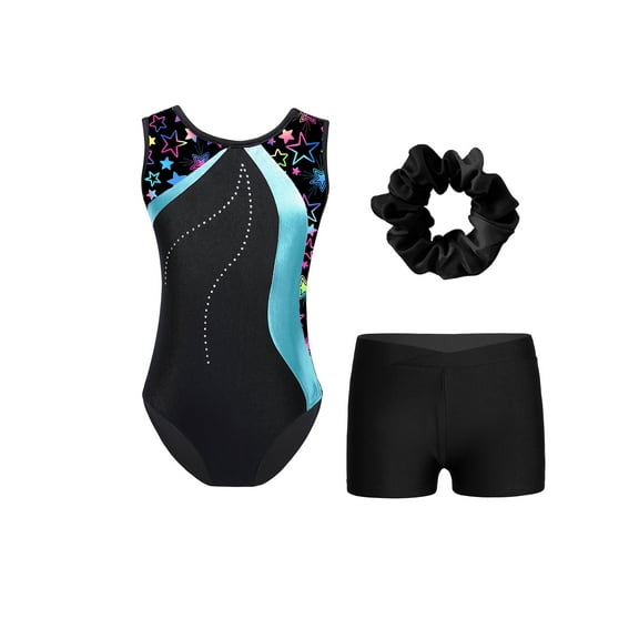 HULIJA Kids Girls 3 Pieces Gymnastics Leotard and Short Shiny Rhinestones Skating Ballet Dance Costume Cyan&Black 10