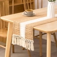 thumbnail image 1 of Granjero Gordo Mantel de mesa de centro de 180 cm de largo con borlas tejidas, ideal para decoración de cocina, 33 x 180 cm (blanco, amarillo), 1 of 4