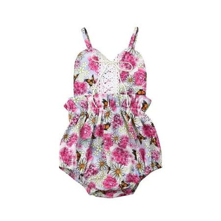 

Little Baby Girls Lace Sleeveless Floral Print Romper Backless Bodysuit