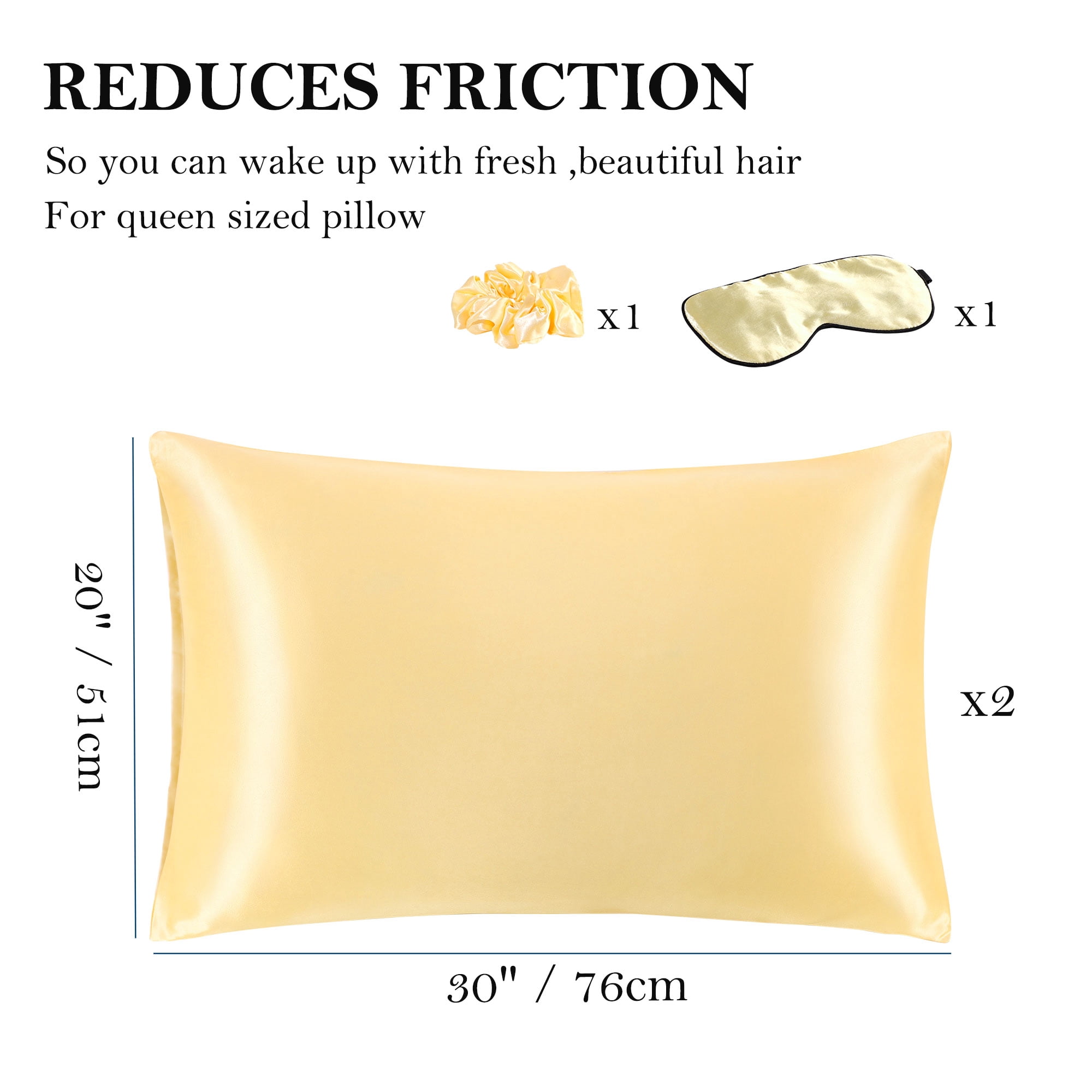Unique Bargains Set of 2 Durable Soft Enveloped Closure Satin Pillowcase Gold Queen(20"x30")