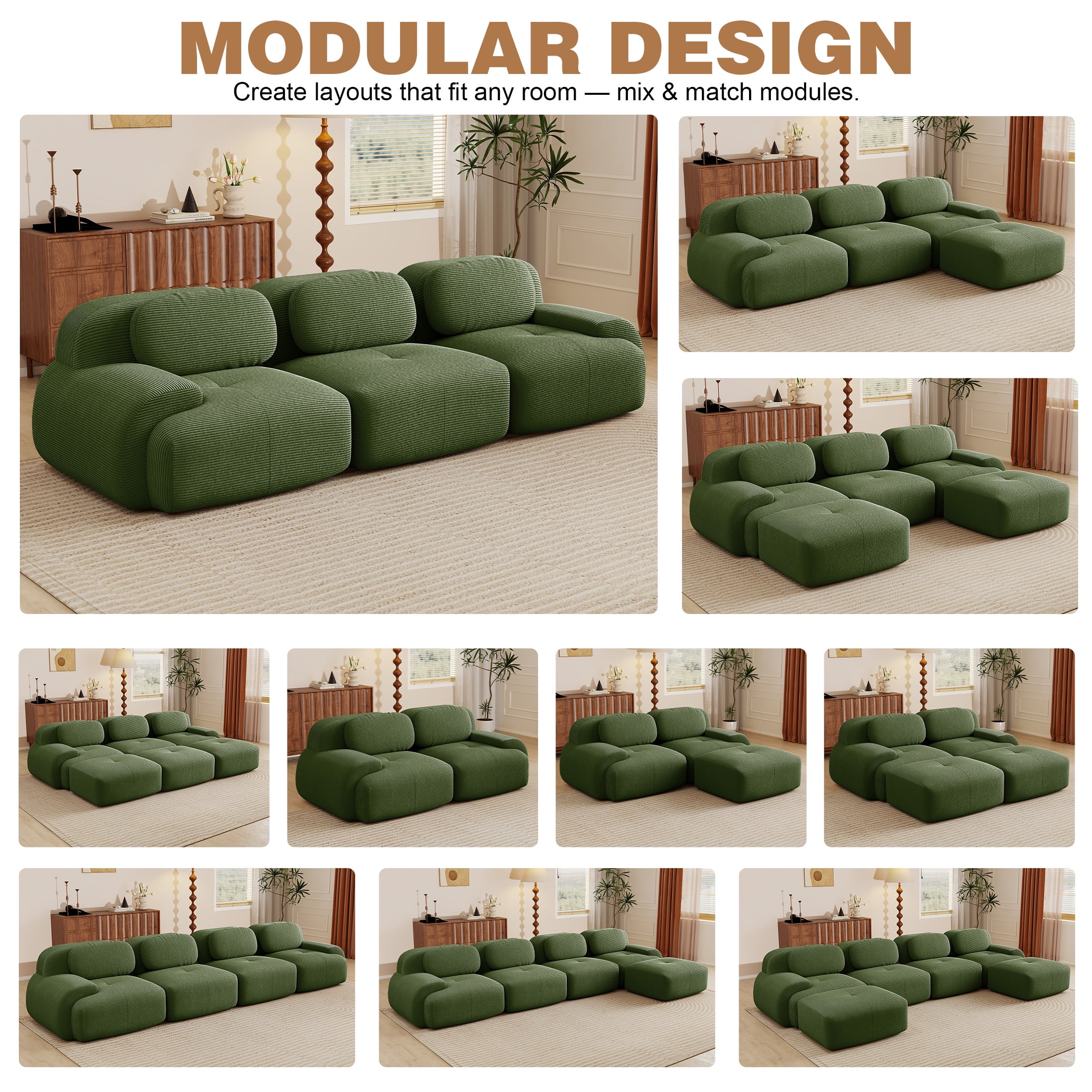 Aukfa 118" Modular Sectional Sofa, 3-Seater Deep Seat Couch for Living Room, Corduroy, Green