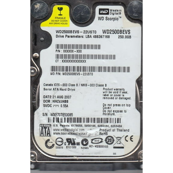 WD2500BEVS-22UST0, DCM HHCVJHBB, Western Digital 250GB SATA 2.5 Hard Drive