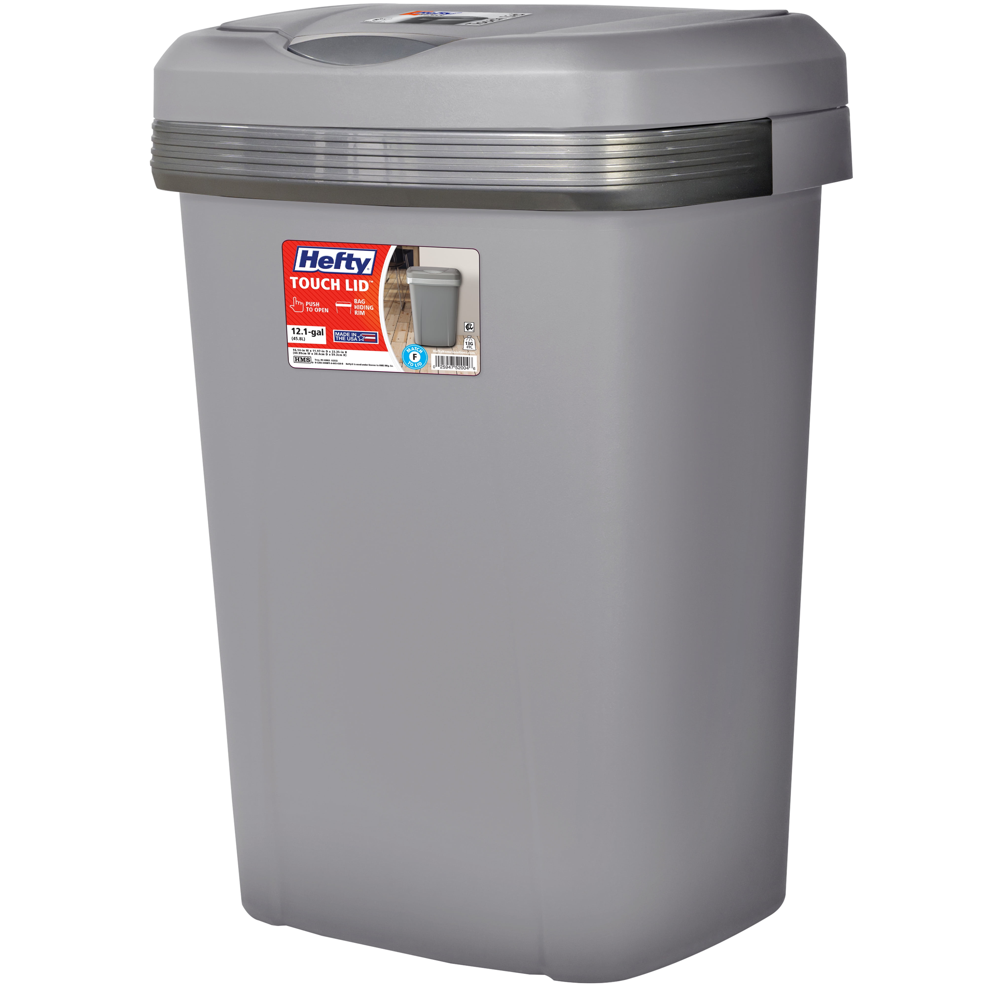 Hefty Kitchen Trash Can, 12.1 Gallon Plastic Touch Top Garbage Bin with Push Button Lid, Gray