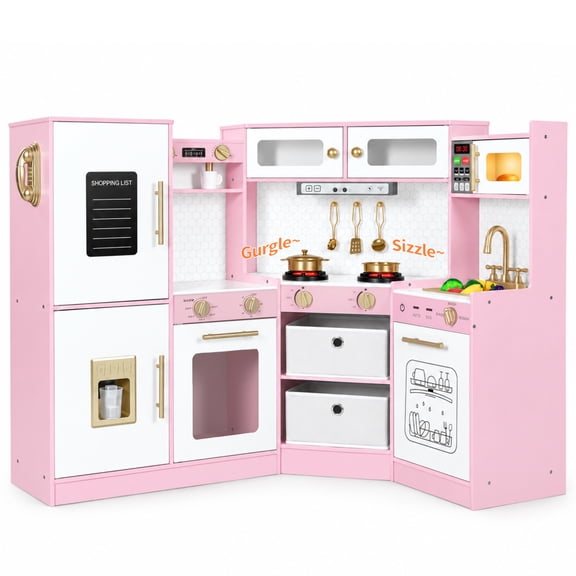 Wisairt Corner Wooden Play Kitchen for Kids, Pretend Play Kitchen with Lights & Sounds, Range Hood, Telephone, 23 Pcs Cooking Accessories, Age 3 , Pink