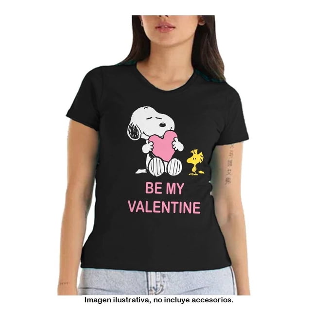 Playera Peanuts para Mujer, Manga Corta Be My Valentine Snoopy Fit Normal Negro Talla CH