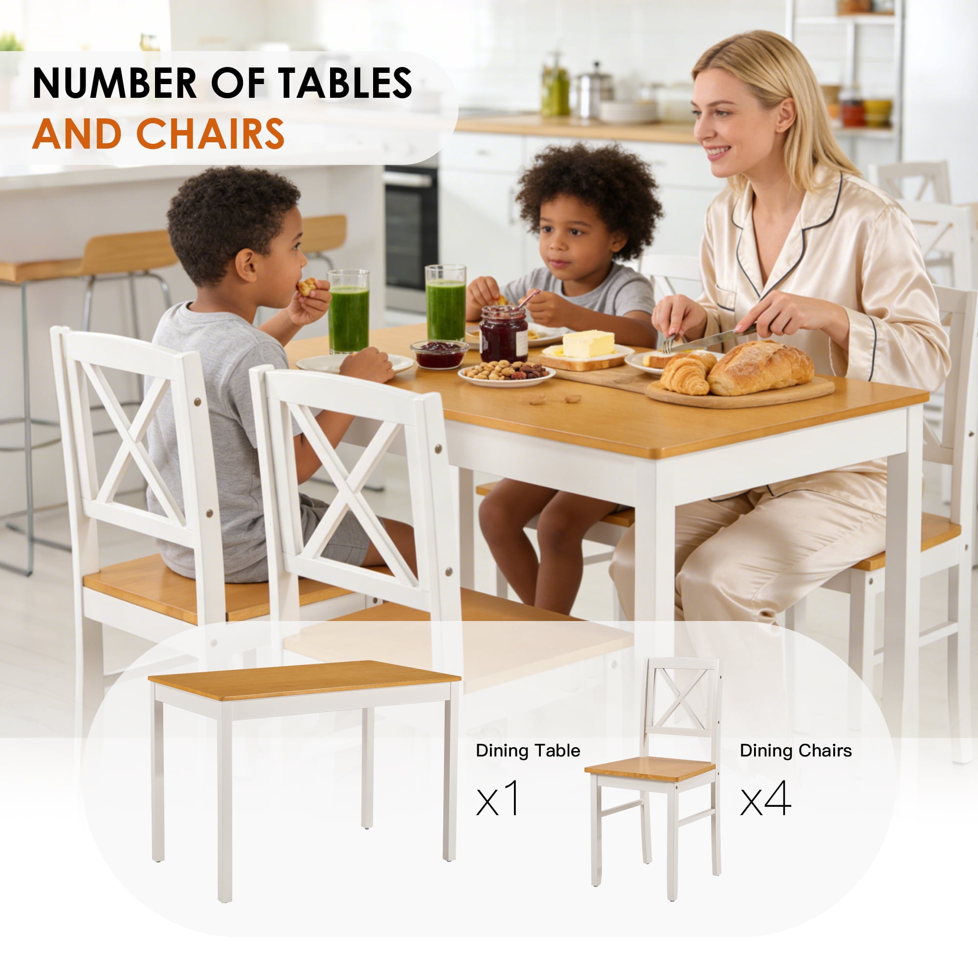 Dining Table Set, Kitchen Table Set, 5 Piece Dining Set 5 Piece Solid Rubberwood Table with 4 Chairs Space Saving Design Smooth Easy Clean Surface for Small Spaces, Ancient White