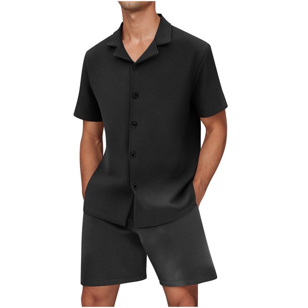 Mens Botón Abajo Camisa de Manga Corta Arrugas Libres Casual Deportes Cardigan Set, Color Sólido Cuello de Verano Camisa Y Pantalones Cortos