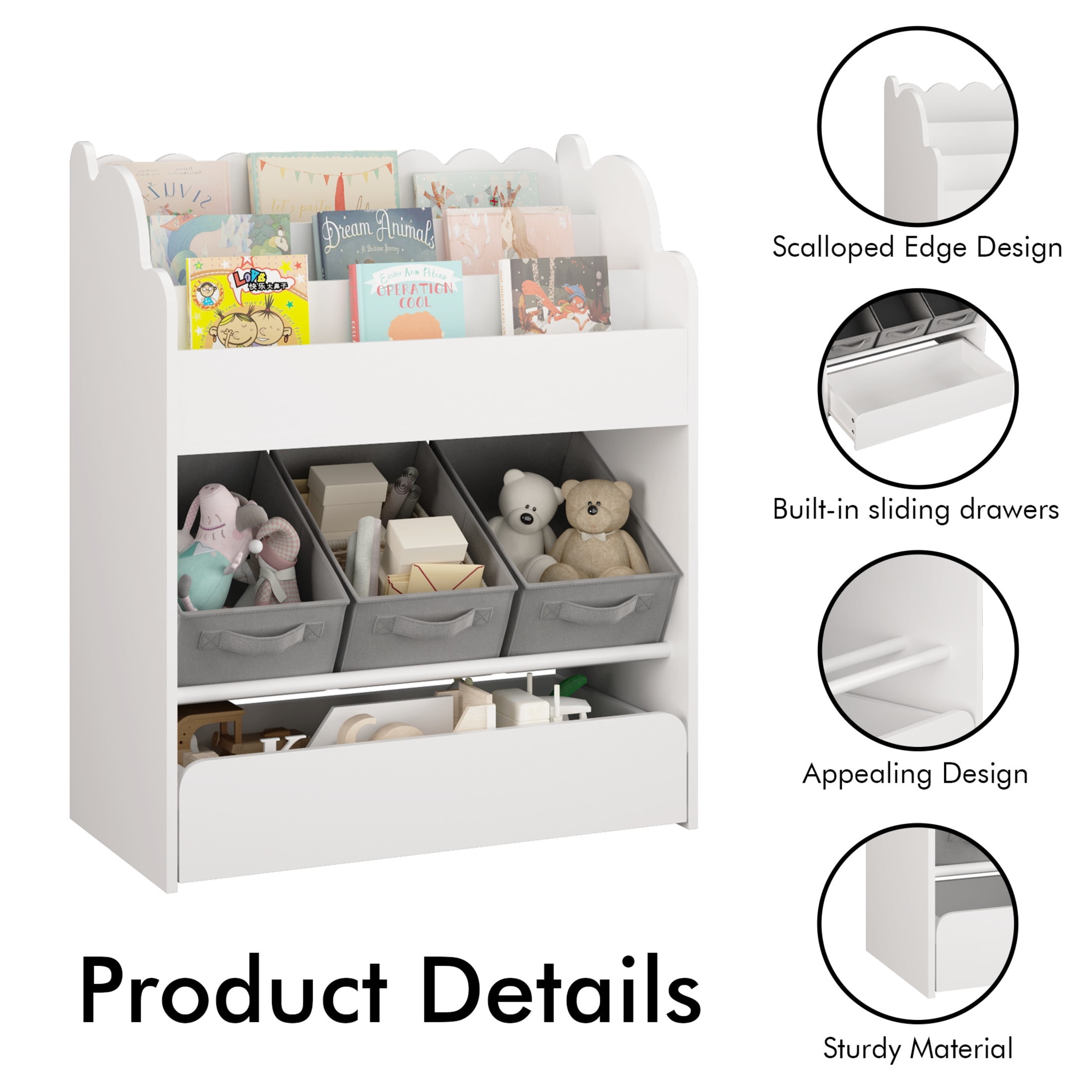 Noble House Kids Bookshelf with Storage Bins and Drawer, Multi-Functional Bookcase for Toys, Books and Nursery, White