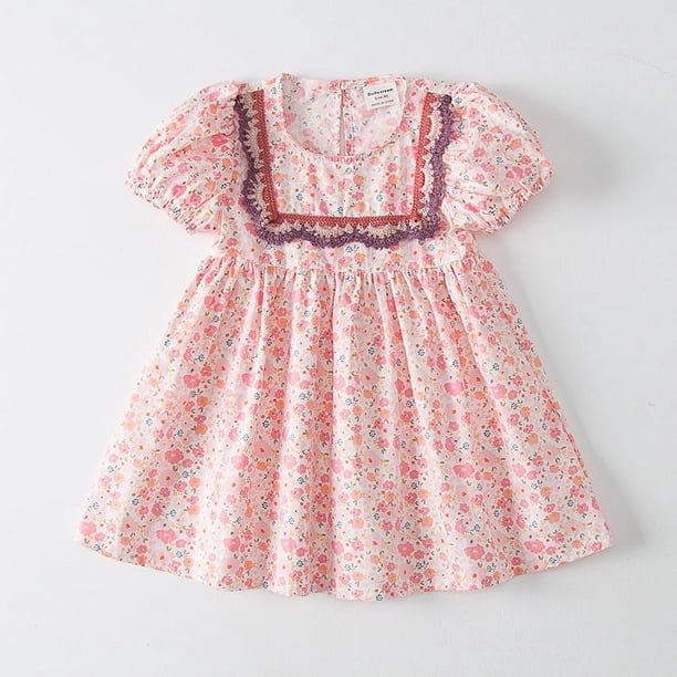 Vestido de verano de manga abullonada para niña, vestido de princesa con cuello cuadrado y encaje floral, vestido de manga corta para niña