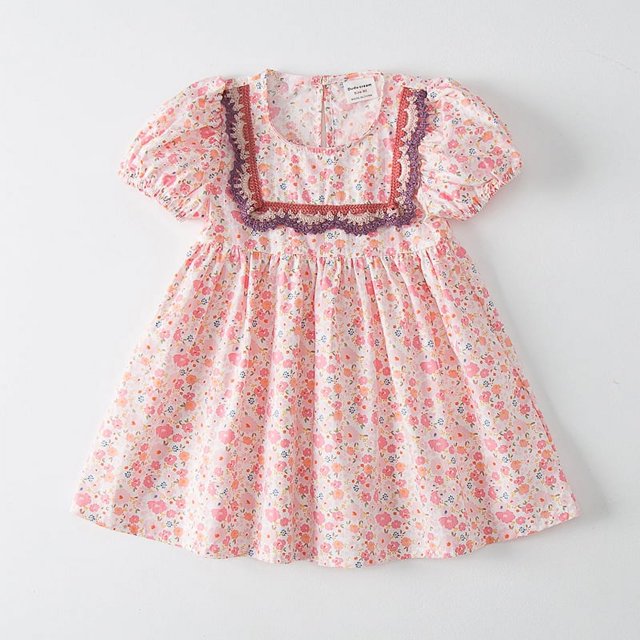 Vestido de verano de manga abullonada para niña, vestido de princesa con cuello cuadrado y encaje floral, vestido de manga corta para niña