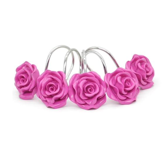 Coolmade Shower Curtain Hooks, Home Decorative Rustproof Shower Curtain Hooks Resin Rose Flower Shower Hooks Rings for Bathroom Shower Rods Curtains,Set of 12 Hooks (Rose red)