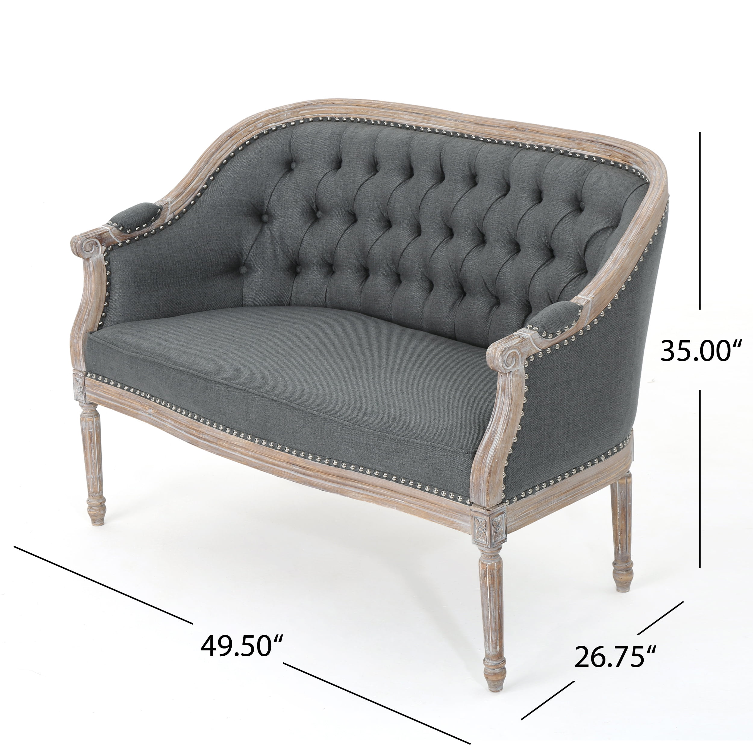 Noble House Sarahbella Fabric Loveseat with Nailhead, Dark Gray