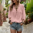thumbnail image 5 of Elwylmiz Women's 3/4 Sleeve Tops Lace Up V Neck Blouses Boho Ruffled Trim Loose Fit Casual Shirts Summer Fall Outfits, 5 of 7