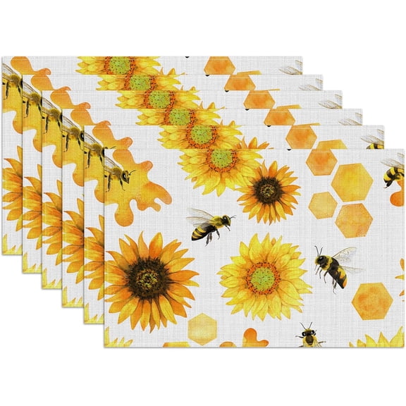 Sunflower Honey Bee Placemats Set of 6, Washable Heat Resistant Table Mat Linen Place Mats for Party Kitchen Dining Home Decor 12x18 Inch