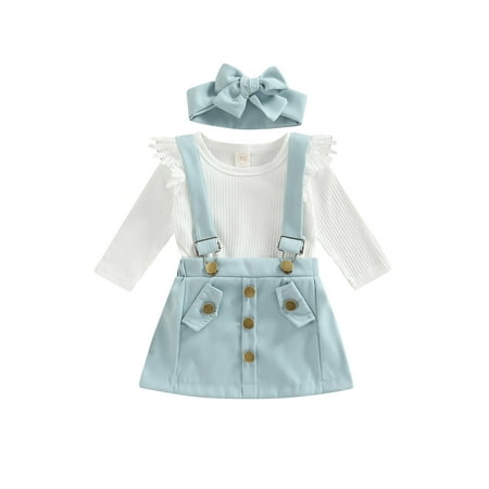 

FOCUSNORM Newborn Baby Girls 3PCS Clothes Long Fly Sleeve Solid Ribbed Romper+Straps Suspender Skirt+Headband Sets