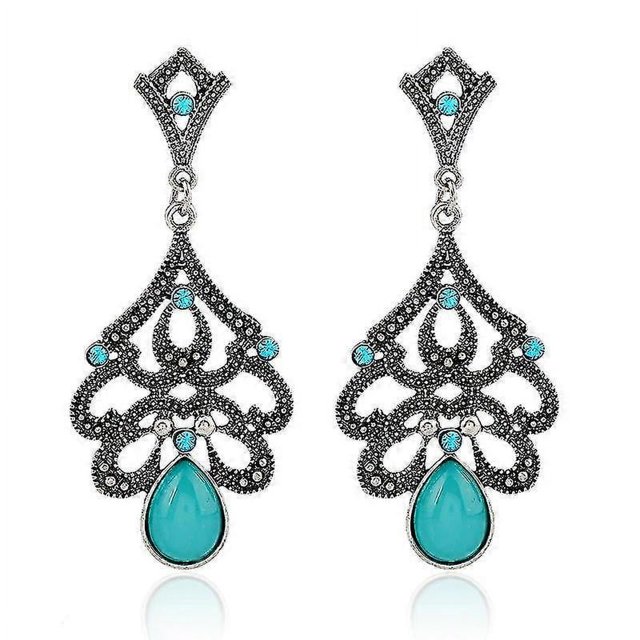 Pendientes largos de cristal con forma de flor bohemia a la moda para mujer, joyería en forma de V, azul