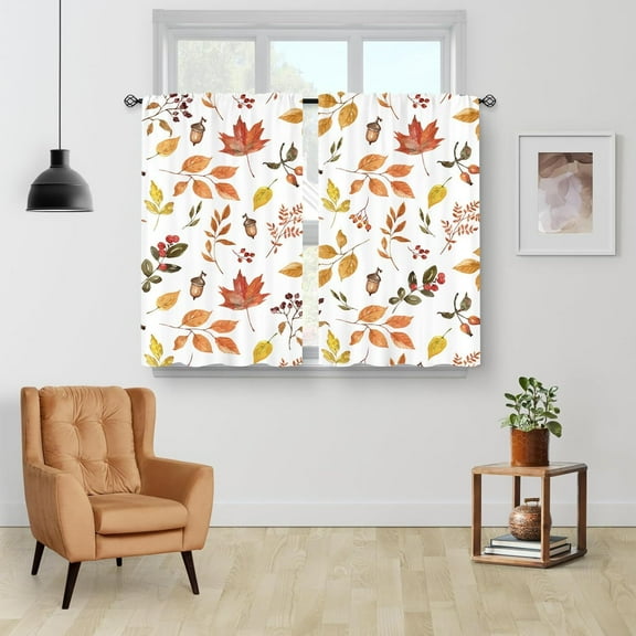 Fall Maple Leaves Kitchen Curtains, Autumn Harvest Thanksgiving Season Small Short Cafe Window Curtains Over Sink Dining Room Decor Rod Pocket Drapes Tier Curtains 2 Panels 40x28 Inches