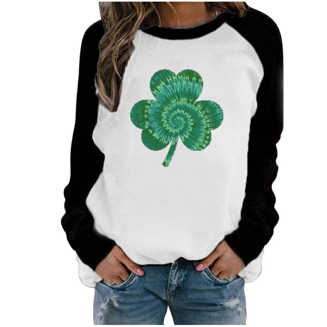 QIPOPIQ T-Shirts à Manches Longues pour Femmes Col Rond T-Shirts de la Saint-Patrick T-Shirts Imprimés Trèfle de Printemps T-Shirt Vert Chanceux T-Shirts de la Saint-Patrick Col Rond Hauts Patchwork Offres de Vacances
