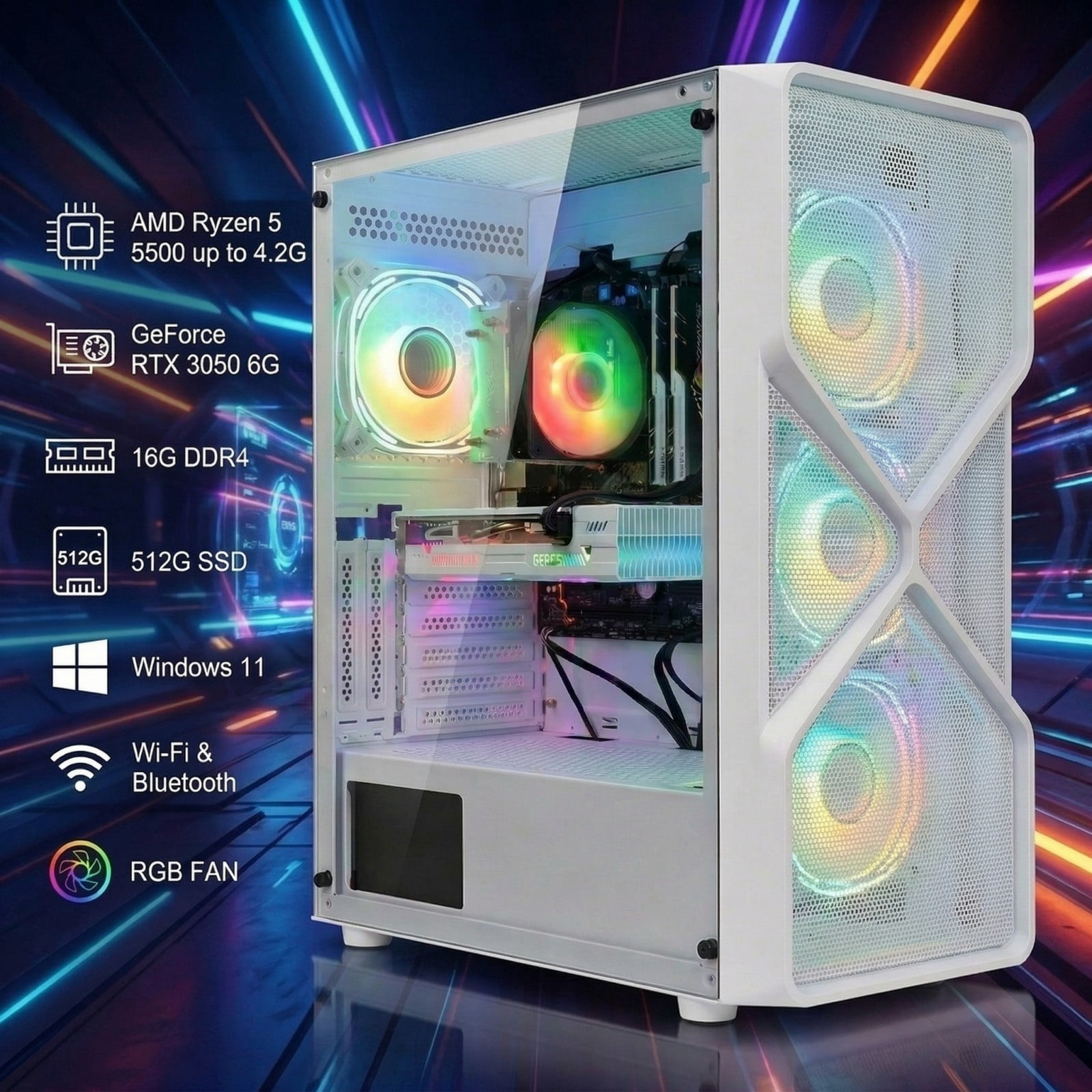 STGAubron Gaming Desktop PC, AMD Ryzen 5 5500 up to 4.2Ghz, RTX 3050 6G Graphics, 16G DDR4, 512GB Ssd, Wifi 6, BT 5.2, RGB Fan x4, Win 11 Home