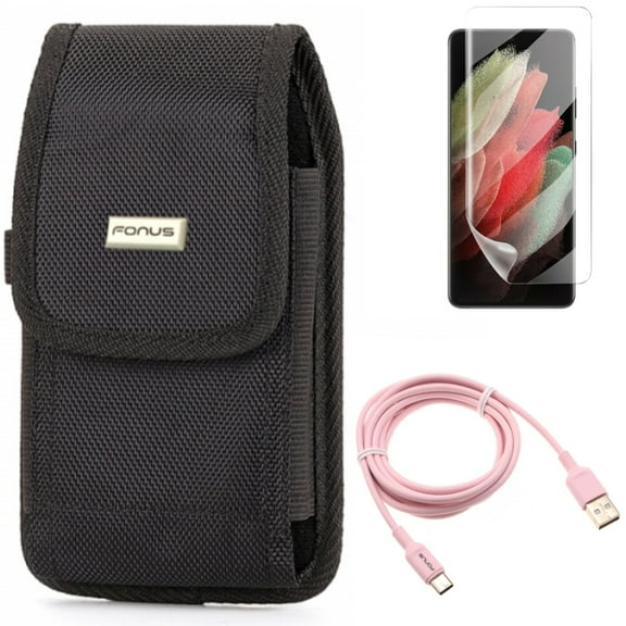 6ft USB-C Cable & Matte Screen Protector & Case Belt Clip for Samsung Galaxy S21 Ultra Phone - Pink Charger Cord & TPU Film Anti-Glare & Swivel Holster Accessory Bundle