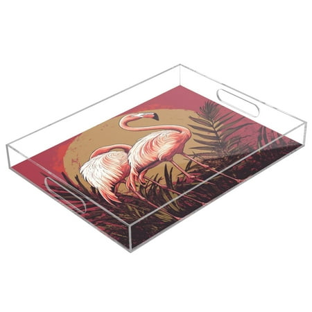 

WOBOGO Acrylic Serving Trays 15.7x11.8 Inch Spill Proof Clear Decorative Organizer with Handle Sunset Flamingo Pattern
