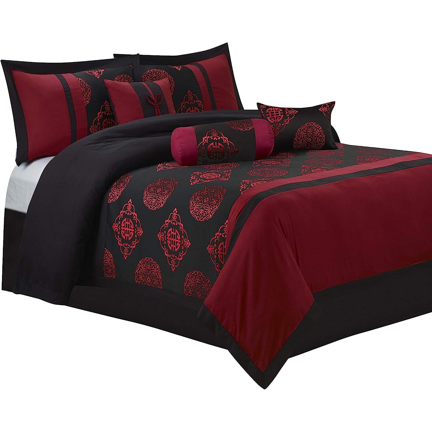 WBTAYB 7 Piece Comforter Set Queen Black and Red Jacquard Patchwork