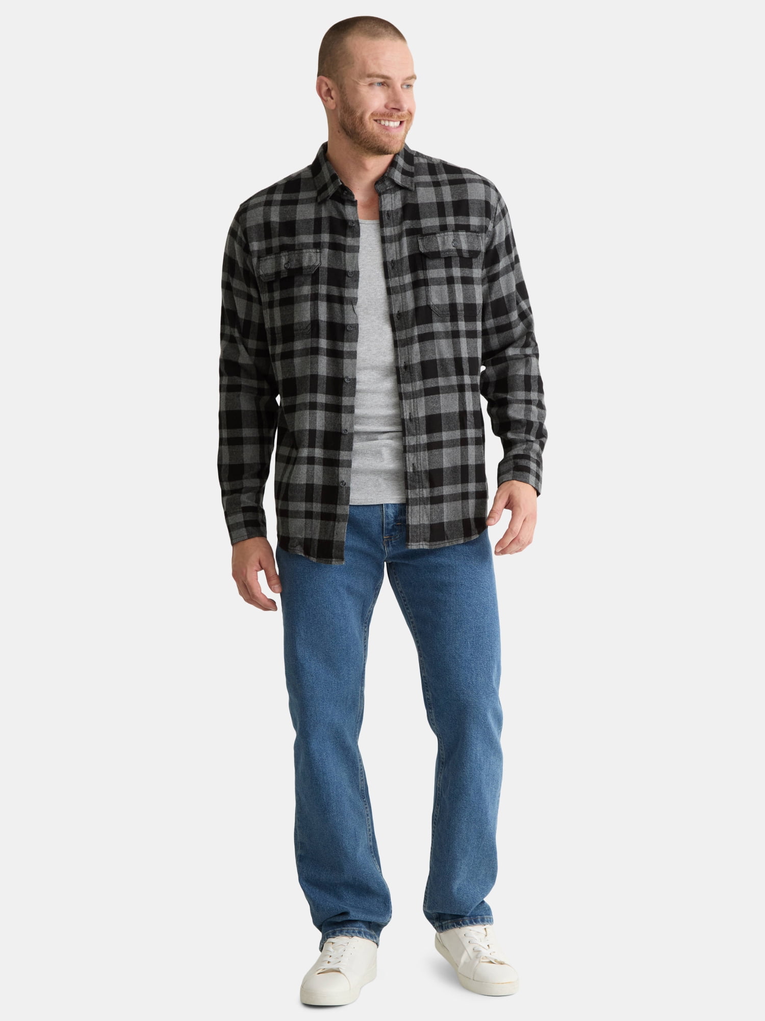 George Men's and Big Men's Double Pocket Flannel Shirt, 2 Pack, Sizes XS-3XLT