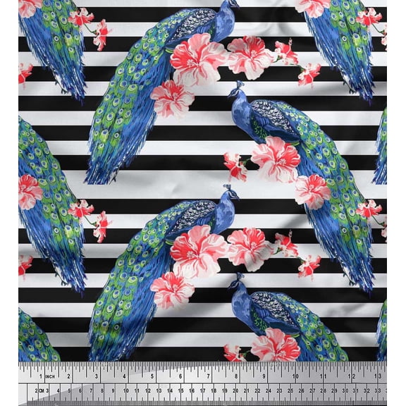 Soimoi Cotton Duck Fabric Stripe,Floral & Peacock Bird Print Sewing Fabric Yard 42 Inch Wide
