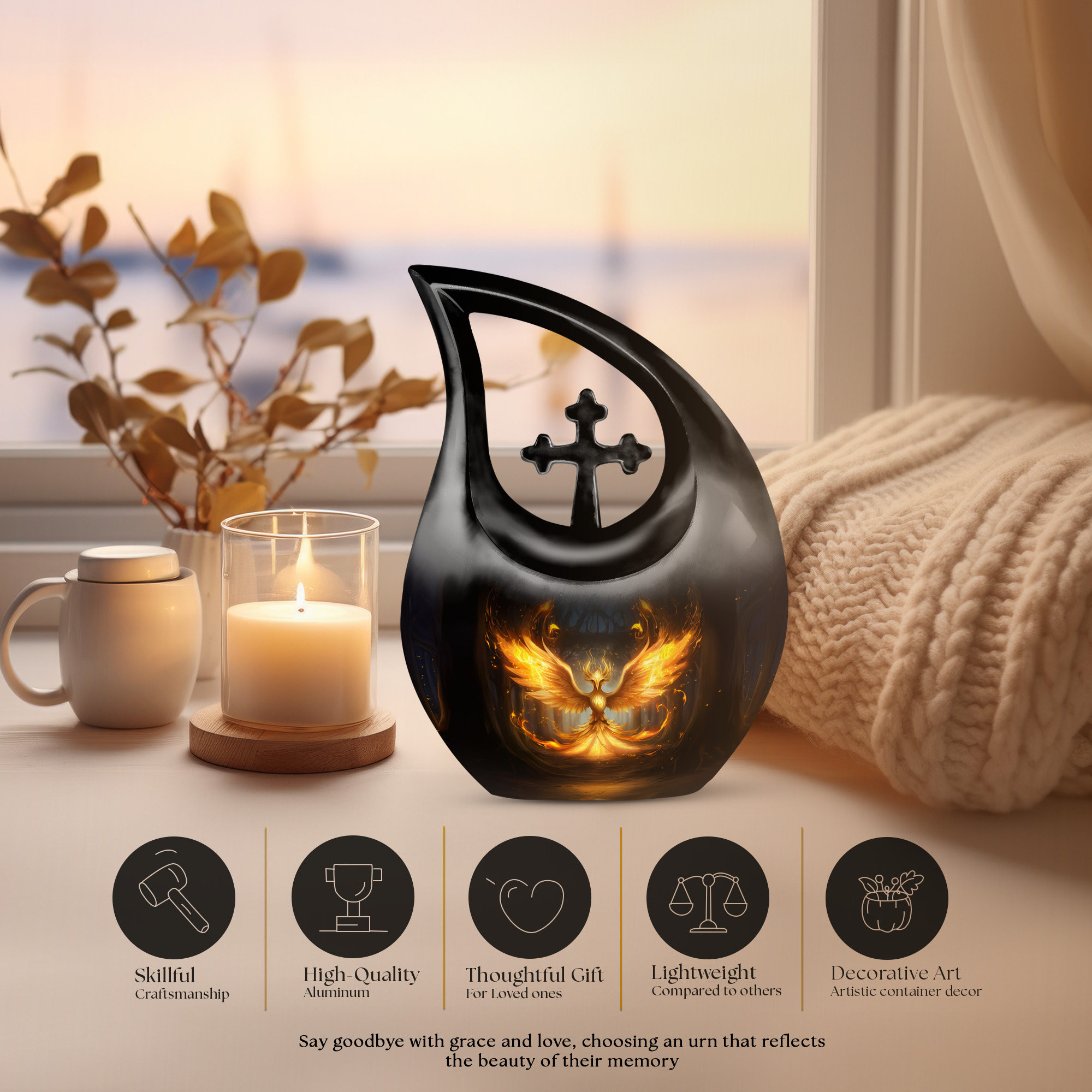 MUKTIVE Phoenix Design Urn for Ashes, Tear Drop Urns for Human Ashes, Cremation Urns for Women, Memorial Black Urn for Teenager (1 Large, 4 Keepsake)