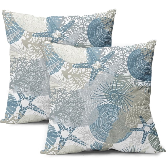 Nautical Coastal Throw Pillow Covers 18X18 Inch Set of 2 Ocean Seashell Coral Starfish Decorative Pillow Cases Summer Beach Blue Gray Beige Pillow Covers Modern Home Decor For Living Room Couch