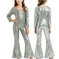 thumbnail image 2 of ZQUUVOU Girl's Kids Sequined Jumpsuit Long Sleeve Bell Bottom Pants Solid Color Birthday Party Performance Stage Black, 2 of 5