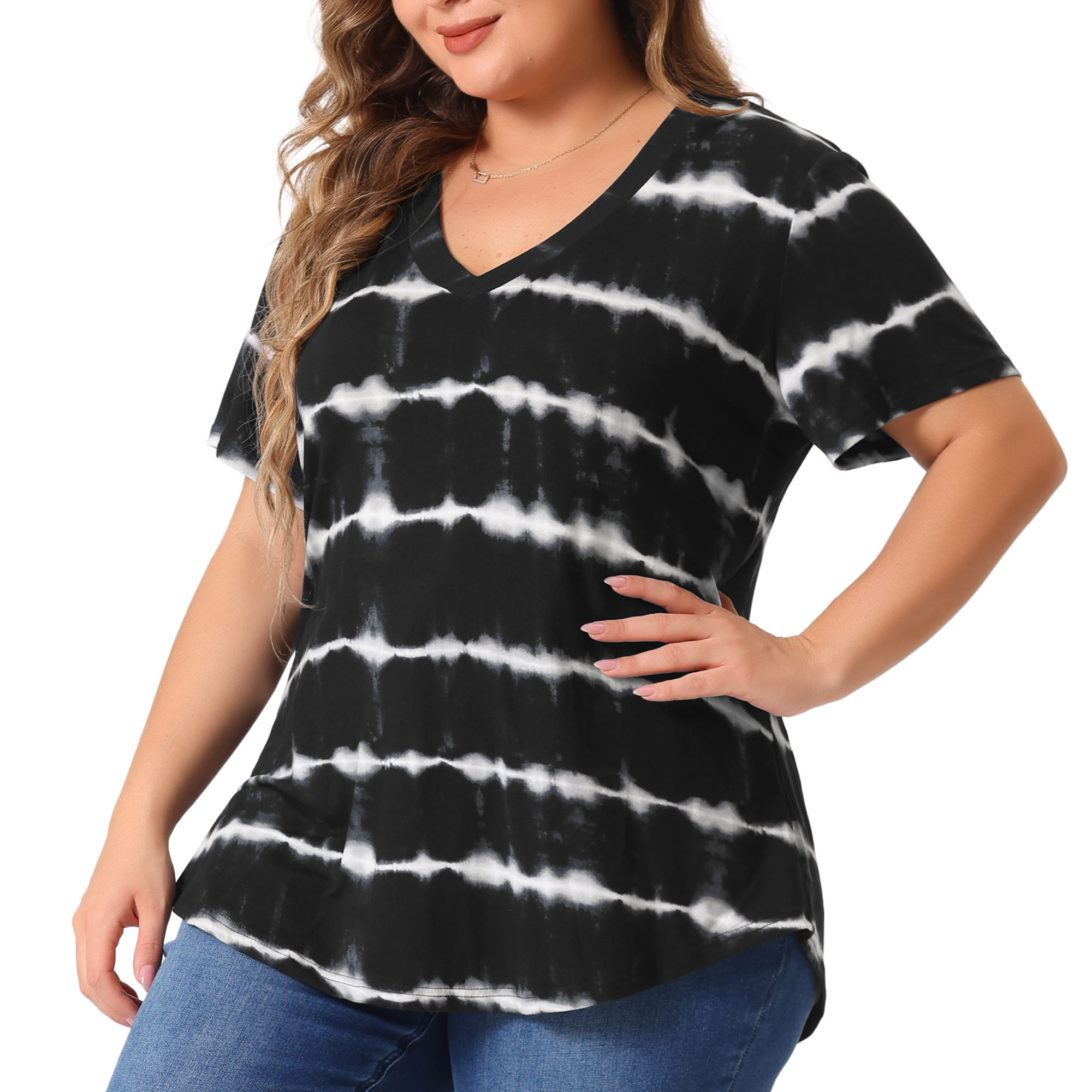 DARING DIVA Women's Plus Size V Neck Short Sleeve Tie Dye Tunic Top 3X Black