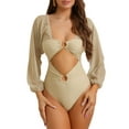 thumbnail image 1 of Bikini de una pieza con escote en V, mangas largas, control de abdomen y malla, color caqui, talla X-Small, 1 of 5