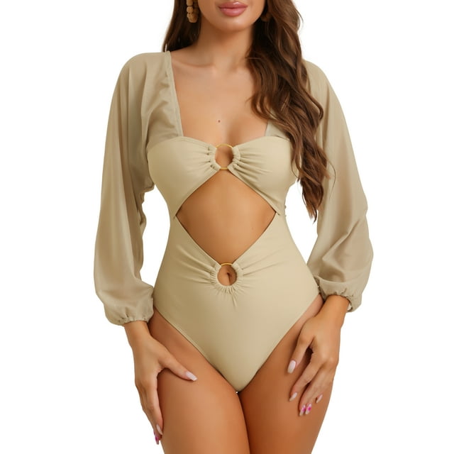Bikini de una pieza con escote en V, mangas largas, control de abdomen y malla, color caqui, talla X-Large