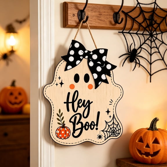11.4 Inch Halloween Wooden Hanging Sign, Cute Ghost Hey Boo Door Hanger with Polka‑Dot Bow, Pumpkin Spider Web Wooden Wall Plaque for Front Door Porch Home Halloween Decor
