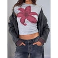thumbnail image 2 of Women Short Sleeve Baby Tee Y2k Flower Graphic Printed Crop Top Slim Fit Crew Neck Tees Grey XL, 2 of 7