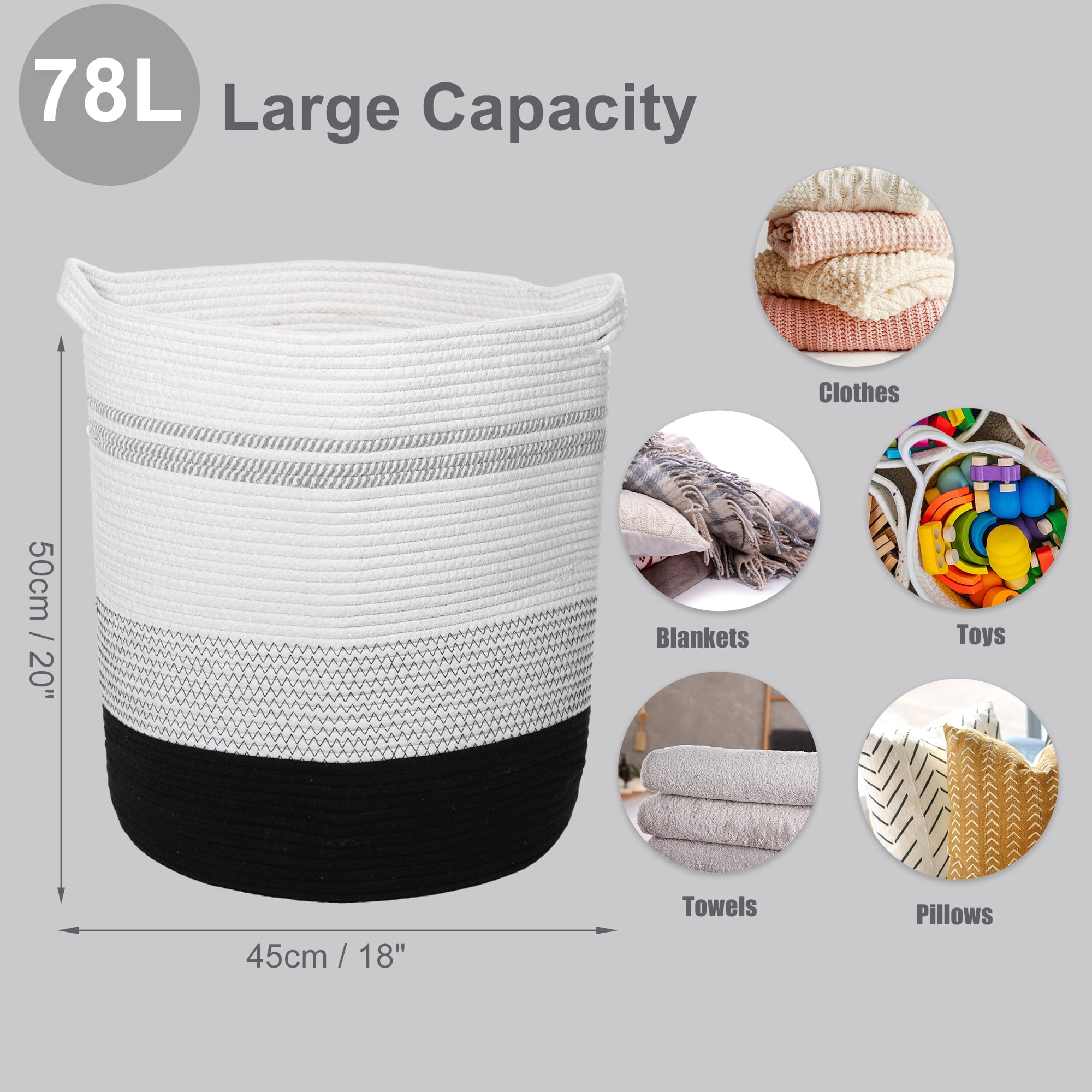 Unique Bargains Laundry Basket Hamper 18"x20" Tall Laundry Basket for Bedroom Baby Nursery Child's Laundry Hamper Black