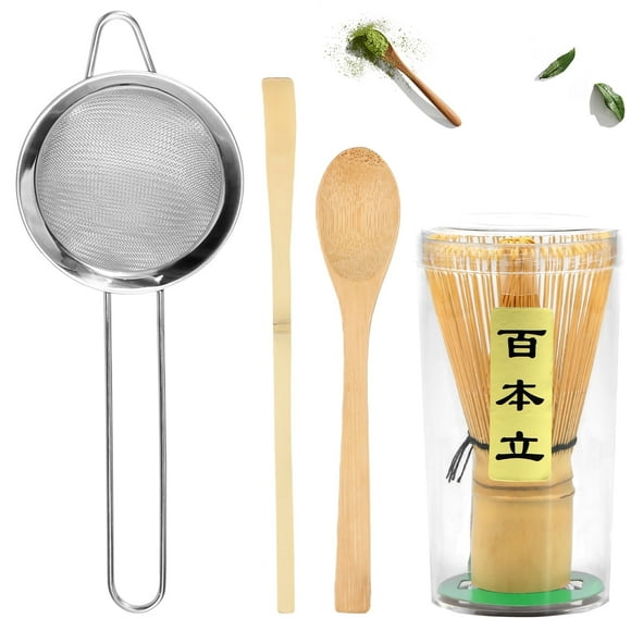 Jetcloudlive Ensemble de 4 Fouets à Matcha Réutilisables Ensemble de Thé au Matcha Ensemble de Fouets Japonais Fouet à Matcha en Bambou Fait à la Main Cuillère à Thé Traditionnelle Cuillère Profonde Passoire à Thé en Acier Inoxydable pour Amateurs de Thé