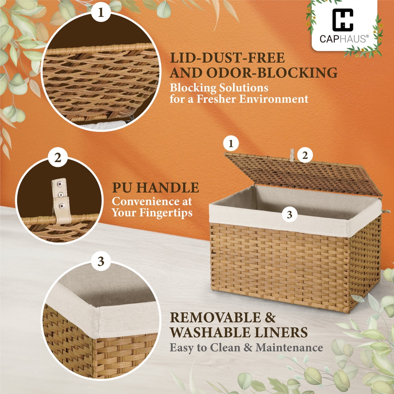 CAPHAUS Handwoven Storage Basket w/ Lid and Handles, 2 Removable Liner Bags, Foldable Clothes Hamper for Laundry, Large Synthetic Rattan Laundry Hamper w/ Lid, Laundry Basket w/ Lid, 65L, Natural
