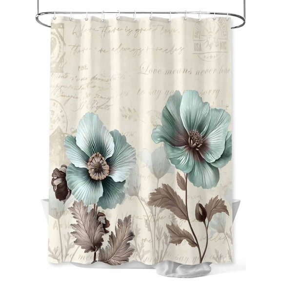 Blue Green Floral Stall Shower Curtain, Waterproof Shower Curtains for Bathroom, Spring Summer Mallow Flowers Retro Washable Fabric Cloth Bath Curtain for Bathtub Decoration with Hooks 36x72 Inches