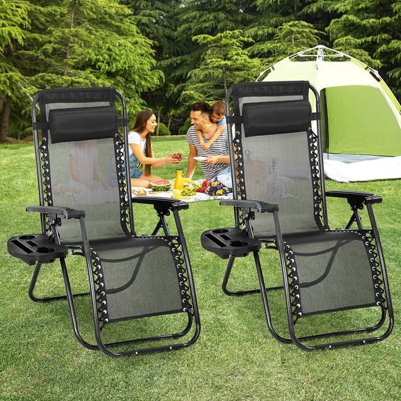 Dkelincs Zero Gravity Chair Set of 2 Adjustable Folding Lounge Chair Outdoor Beach Camping Chair with Pillow and Cup Holder, Black