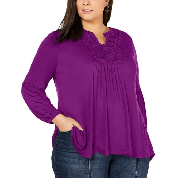 Style  8; Co Blouse Paysanne à Empiècement au Crochet pour Femmes Grande Taille, Chandail à Enfiler, Violet, 0X Plus