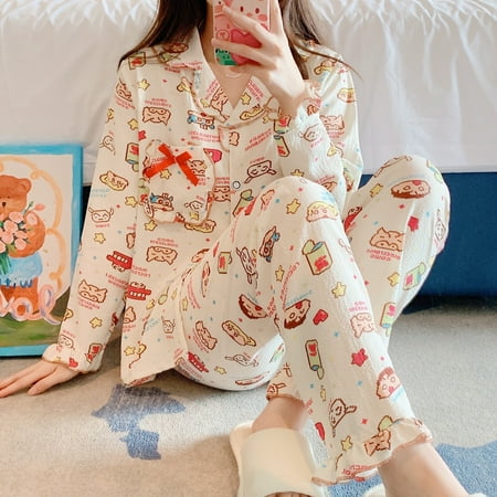 

Kawaii Cartoon Print Sanrio Kuromi Pochaccoh Gauze Pajamas Suit Korean Version Home Service Breathable Soft Pajamas Home Pajamas