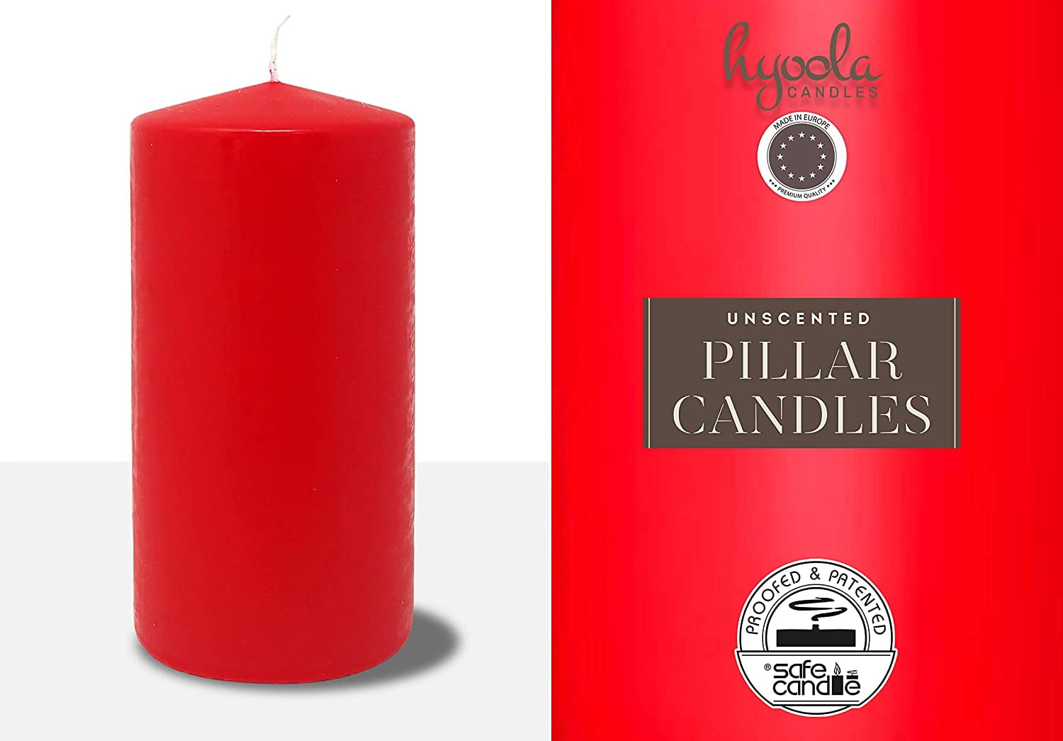 Hyoola 3 x 6 Red Unscented European Made Pillar Candles, Dripless Paraffin Wax with Smokeless Cotton Wicks, 12-Pack