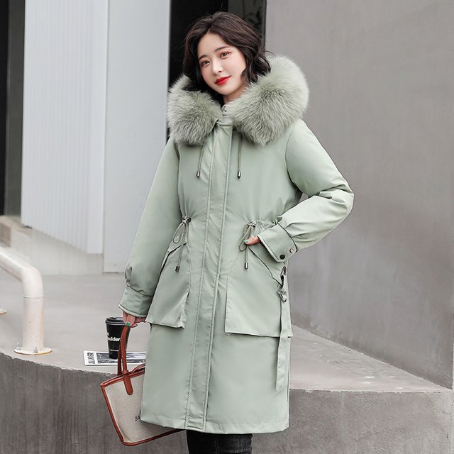 Ladies long down cotton winter warm jacket coat with detachable plush lining