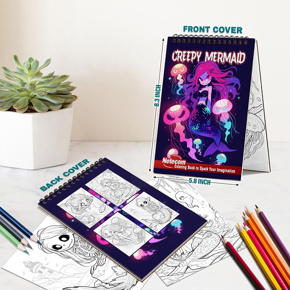 Netecom Creepy Mermaid Coloring Book Spiral Bound for Adults, A5 Wooden Cover, 30 Spooky Coloring Pages of Dark Fantasy Creatures in Ocean Relaxed for Stress Relief and Relaxation