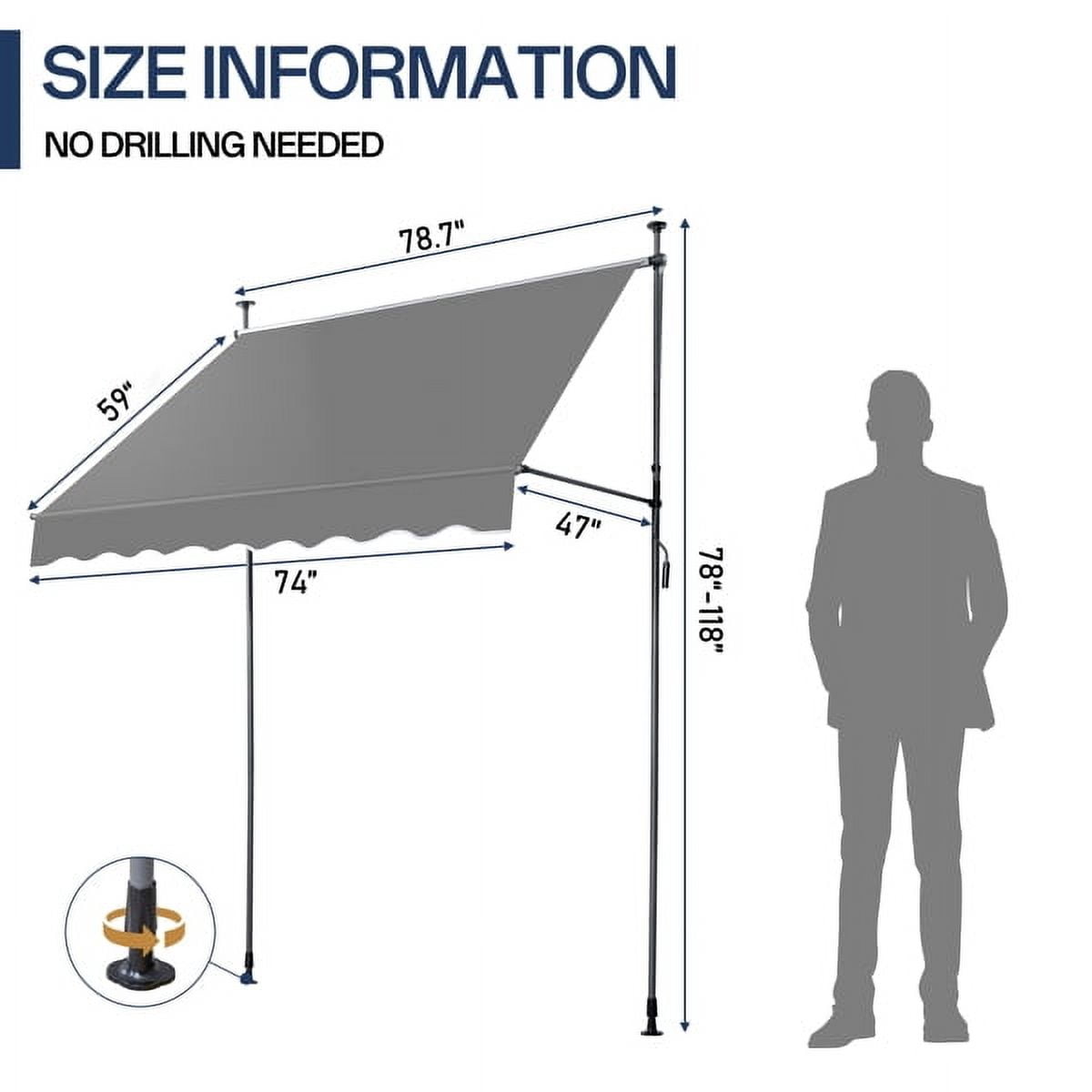 6.6x3.9FT Retractable Patio Awning – Grey Polyester Canopy, UV50+ Protection, No-Drilling Installation – for Balconies, Entryways & Small Outdoor Spaces