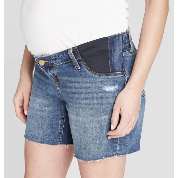 Isabel Maternity by Ingrid & Isabel Maternity Inset Panel Boyfriend Jean Shorts, Medium Blue, Size 8